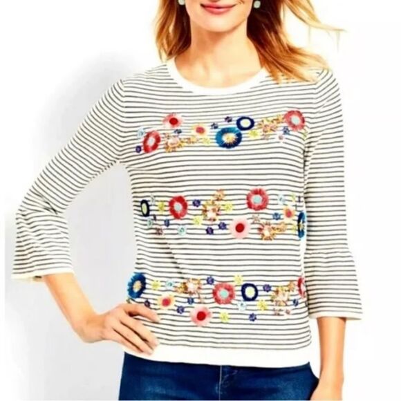 TALBOTS Floral Row Crewneck Stripes Embroidered Floral Sweater Multi-color Sz M - Picture 1 of 7